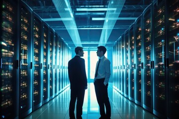 Two businessmen engaged in a discussion in a modern data center, Checking network security and information technology management in a corporate setting.