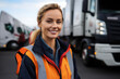 Female truck driver standing next to transport trucks.