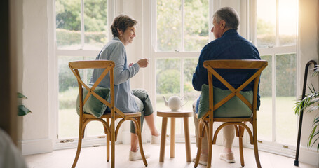 Sticker - Back, coffee or old couple talking in home bonding to enjoy a conversation together on break. Listen, communication or senior man in retirement speaking or drinking tea with an elderly woman for love