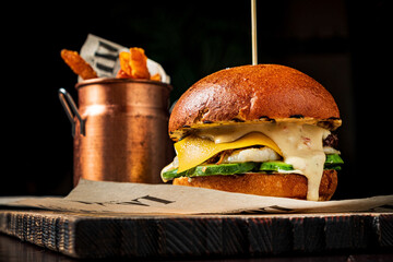 Poster - burger with baked sweet potato on wooden board