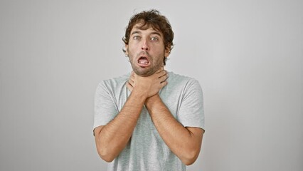 Canvas Print - Anguished young man strangling in pain, asphyxiate and suffocating. haunted by health problems. isolated on white background