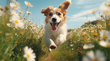 Happy Dog Running At The Camera In A Blossoming Flower Meadow On Sunny Summer Day.