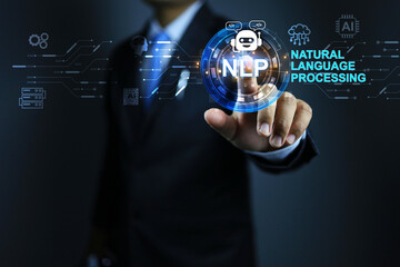 a businessman points his hand on nlp or natural language processing, showing the application of tech