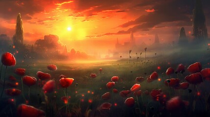 Sticker - Fantasy landscape with red poppies in the meadow at sunset