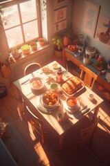 Wall Mural - kitchen with a table full of food in the morning light.