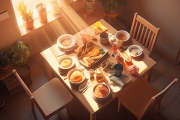 Wall Mural - breakfast in the morning at home. table with coffee, croissants, jam and juice
