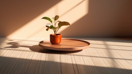 Wall Mural - plant in a clay pot on a wooden table in the sunlight