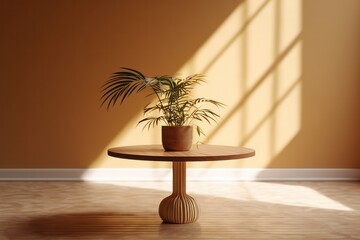 Wall Mural - 3d render of a wooden round table with a plant in a room