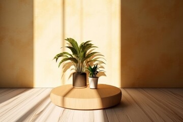 Wall Mural - potted plant on wooden table and yellow wall. 3d rendering
