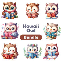 Cute Owl Kawaii Animal Cartoon Character Also Called Owl Icon Or Chibi, Owl Logo, Sticker Design, Baby Wild Animal Or Cute Cartoon Owl Mascot. Isolated On White Background.