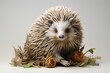 A charming hedgehog with quills curled up on a white surface. Generative AI