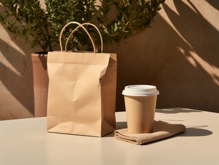 Wall Mural - Empty shopping bag for branding witha coffee cup, kraft paper bag, logo poftfolio, With Generative AI technology
