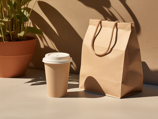 Wall Mural - Empty shopping bag for branding witha coffee cup, kraft paper bag, logo poftfolio, With Generative AI technology
