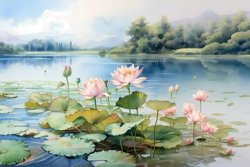 watercolor painting of lotus flowers and leaves with a lake background, a calm and harmonious color combination. generative ai