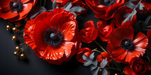 Red Poppy Flower On Black Background. Remembrance Day, Armistice Day, Anzac Day Symbol 