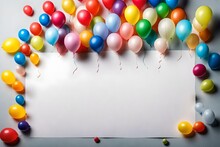 Bundles Of Balloons At One Side F The Border With Text Copy Space In The Middle With Decoration On The White Back Wall 