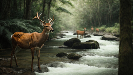 Wall Mural - Deer on the edge of a tropical forest river