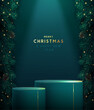 Holiday Christmas showcase green sparkle background with 3d podium and emerald Christmas tree texture. Abstract minimal scene. Vector illustration