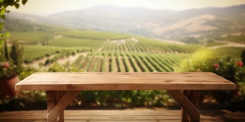 An empty wooden table for product display. blurred french vineyard in the background. Generative AI