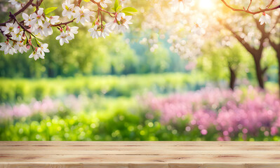 Empty tabletop with natural bokeh background for product