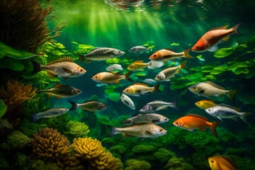 Wall Mural - A Lush Undersea Tapestry of Verdant Greenery Surrounding an Enchanting Undersea Lake, Where Graceful Jellyfish Float in a Ballet of Bioluminescence, Creating an Ethereal Underwater Environment Teeming