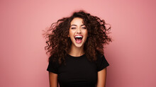 Happy Wonderful Young Woman With Long Curly Hair Excited Isolated On Pink Background