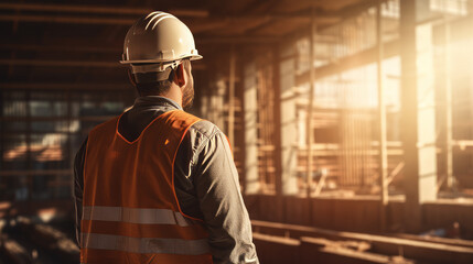 Construction worker with safety helmet in front of a building in construction , construction industry concept background