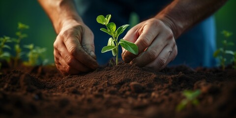 Farmer carefully plants sprouts and seeds