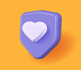 Wall Mural - Heart shield safety 3d icon vector graphic, modern health care life insurance guard protection render cartoon design purple violet, love shelter support security sign, medical defense image clipart