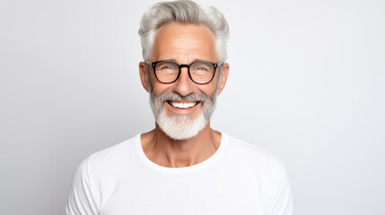 Wall Mural - Portrait of handsome bearded elderly man keeps self confident cheerful expression at camera wears formal shirt and spectacles for vision correction isolated on white wall