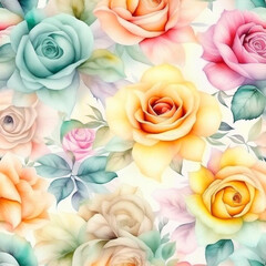 Wall Mural - Pastel watercolor rose flowers with stems and leaves. Watercolor art background.