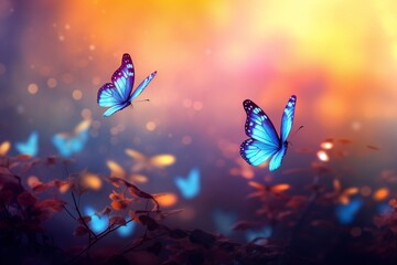 Magical fantasy enchanted fairy tale landscape with fabulous flying butterflies on blurred mysterious blue background