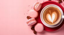 Cup Of Hot Coffee Cappuccino With Pink Macaroon And Cappuccino With Heart Art  Pink Background, Copy Space Banner Advert Menu Morning Breakfast Template,  Valentine Day Mother Day Best Gift For Woman