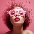 lashes pink glasses are laying flat on a pink background, pop-inspired imagery, soft tonal transitions, stipple