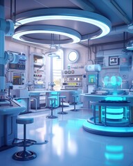 A futuristic kitchen with a bar and stools. Generative AI.