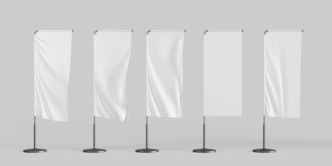 Wall Mural - 3d white blank advertising banner flag mockup render. Isolated vertical fabric textile promo posters waving on pole. Empty rectangle canvas pennants hanging on metal frame and stand. 3D illustration