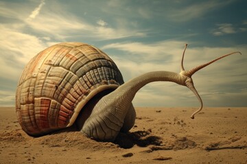 Poster - A snail crawling in the sand on a sunny day. Generative AI.