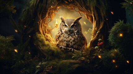 Wall Mural - An owl is sitting in a hollow in the woods. Generative AI.