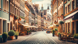 Fototapeta Uliczki - Classic European Street View_ A charming scene of a cobblestone street in a historic European city