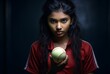 young indian girl holding a cricket bat and ball, smilecore, powerful portraits, wide angle lens