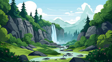 Nature Landscape With Waterfall In Cartoon Style. Vector Illustration Of Waterfall In Forest.