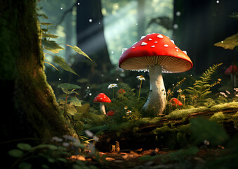 Poster - Enchanting red-capped mushrooms nestled among the moss in a sun-dappled forest