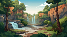 Waterfall In The Mountains. Cartoon Style. Vector Illustration For Your Design