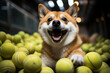 Ginger Shiba Inu on the background of tennis balls generated AI
