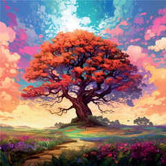  illustration colorful flowers and a big oak tree