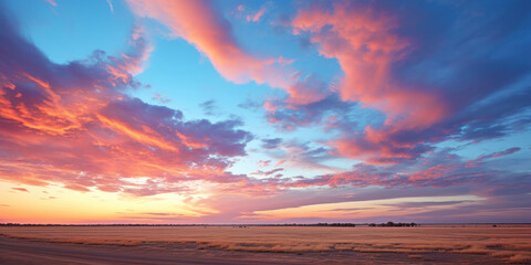 Wall Mural - Clouds hovering over an empty field at sunset