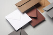 Floating envelopes on gray background with shadow. Minimalism, modern business still life, creative layout