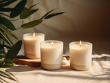 Photo handmade scented candles in a glass, soy wax candles with a wooden wick,  With Generative AI technology
