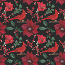 Christmas Seamless Pattern With Colorful Handpainted Red Cardinal And Botanical Illustrations In Red And Green Colors. Great For Scrapbooking, Fabric And Textile Design, Digital Background.