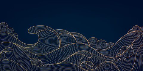 Sticker - Vector wave japanese background. Gold sea, river, ocean wavy pattern, line banner, wall art, illustration. Luxury vintage abstract landscape.
